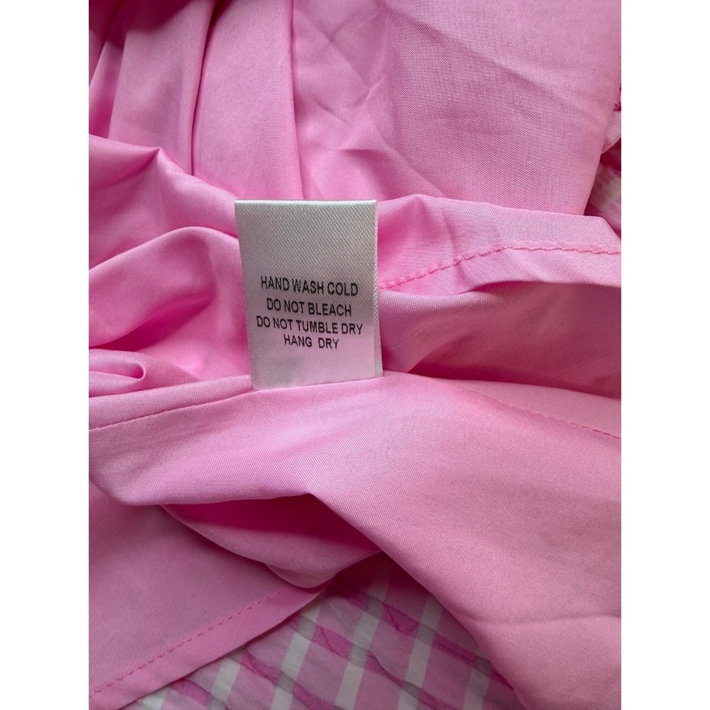 Day + Moon Pink Gingham Seersucker Mini Dress Pockets Open Back Bow L Large - Picture 10 of 12